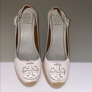 Tory Burch creme patent leather wedges
